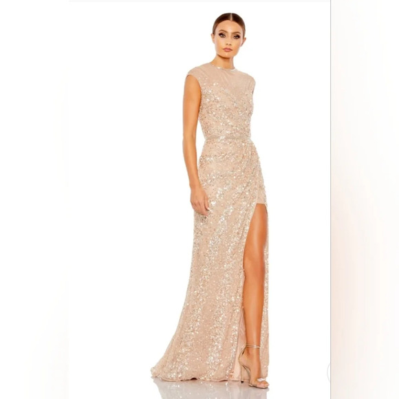 Mac Duggal, Embellished Illusion High Neck Cap‎ Sleeve Gown, Nude, Size 10 -NWT - Picture 1 of 12